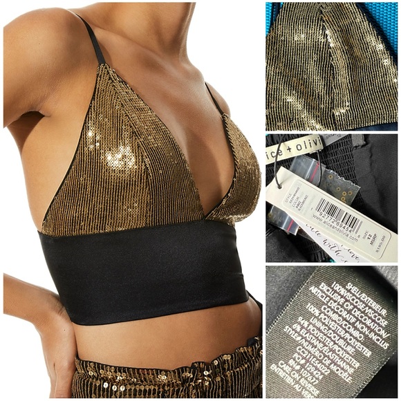 Alice + Olivia Carli Sequined Embellished Gold Bronze Black Bra Crop Top - Picture 16 of 17